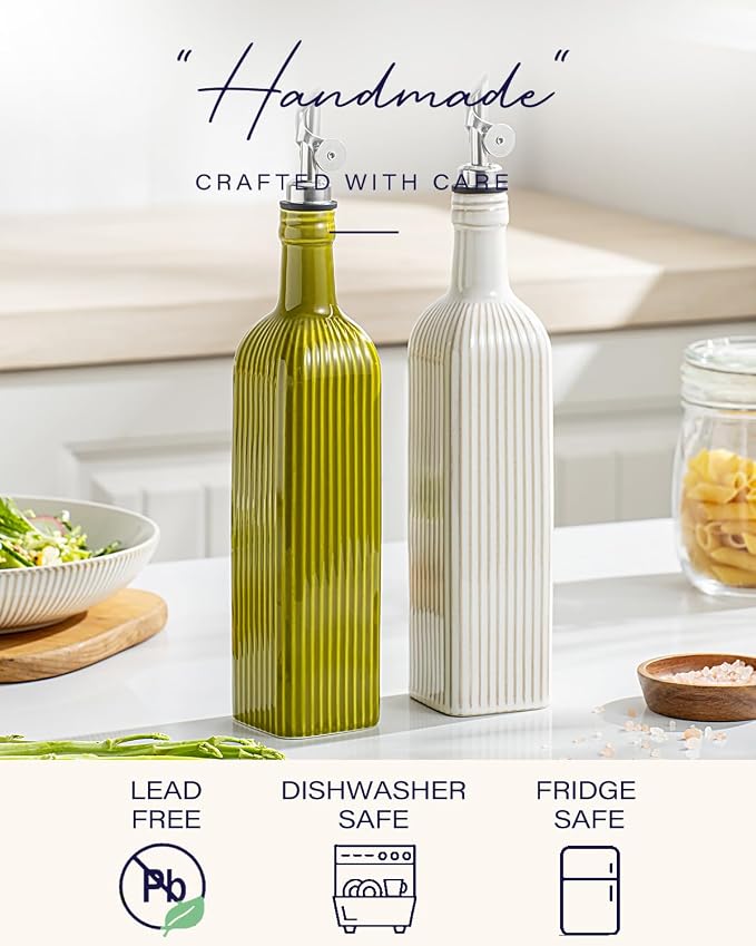 getstar 18 oz Olive Oil Dispenser Bottle for Kitchen, Ceramic Oil Bottle with Automatic Stainless Steel Pourer (Silver Pourer, Vintage White)