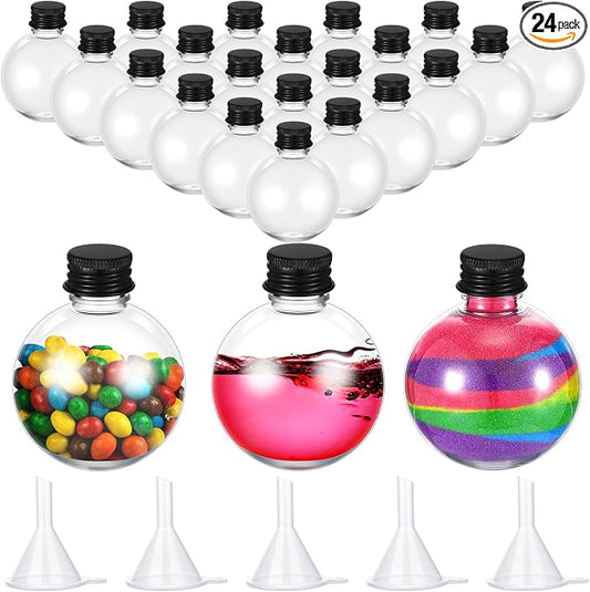 Layhit 24 Pcs Spherical Plastic Potion Bottles Ball Shape Round Bottles 3.4 oz Sand Art Jar with 5 Funnels Decorative ‌container Candy Jar for Valentines Birthday DIY Crafts (Black,Aluminum Lid)