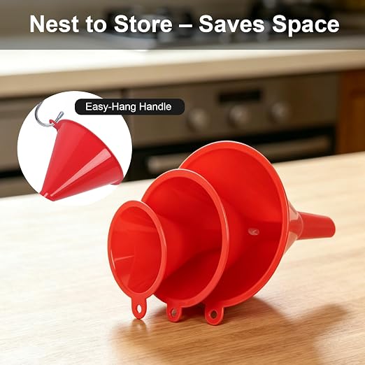 Plastic Kitchen Funnel Set of 3 with Brush – BPA Free Food Grade Funnels for Filling Canning Bottles Oil, Multifunctional for Cooking Lab Automotive, Red