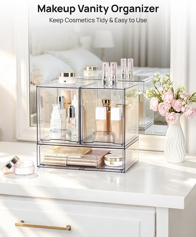 Vtopmart Clear Stackable Storage Drawers Set of 3, Plastic Organizer Bins | Multi-purpose Boxes for Baby Bottle Storage, Ideal for Kichen, Vanity, Bathroom, Undersink, Cabinet, Pantry Organization