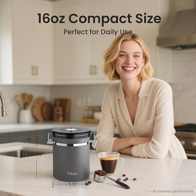 Veken Coffee Canister, Airtight Stainless Steel Food Storage Container,16OZ | Date Tracker, Kitchen Jars for Beans,Ground, Espresso, Rice,Tea, Sugar,Cereal,Cookie, Bar Accessories,Gifts, Lids, Scoop,Gray