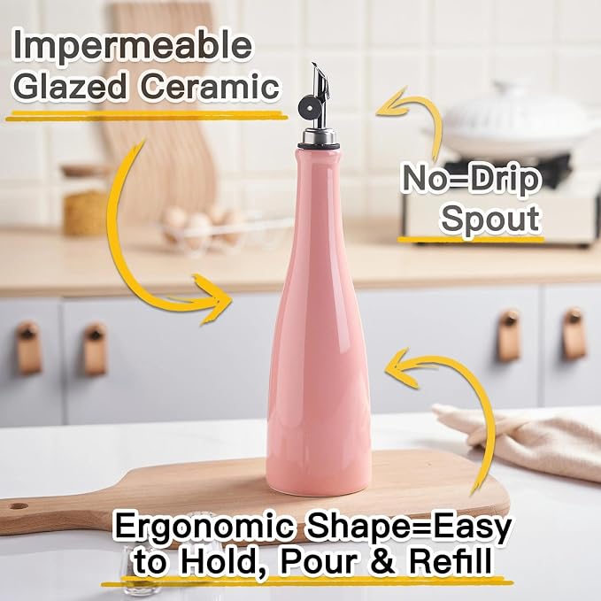 YOLIFE Olive Oil Dispenser Bottle, 15oz Ceramic Oil Dispenser for Kitchen | Oil Bottle with Gravity Spout, Leak Proof EVOO Dispensing Bottle with 2 Spouts and 1 Funnel for Vinegar, Juice(Red)
