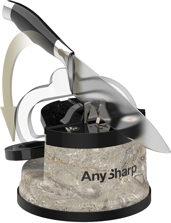 AnySharp – Editions – Hands Free Knife Sharpener - Easy to Use Sharpening Tool with PowerGrip Suction Base and 20-Degree Pre-Set Angle - for All Knives: Chef's, Serrated, and Hardened Steel - Stone