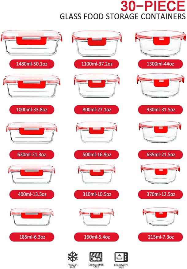M MCIRCO 30 Piece Extra Large Glass Food Storage Containers with Lids, Red | Glass Meal Prep Containers,Airtight Lunch Containers with Lids, Microwave, Oven, Freezer and Dishwasher Friendly, BPA Free