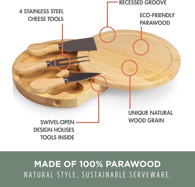 PICNIC TIME Brie Cheese Board and Knife Set, Novelty Charcuterie Board Set with Stainless Steel Tools and Juice Groove, Two-tiered, Swivel-Open Serving Platter, and Charcuterie Set, (Parawood)
