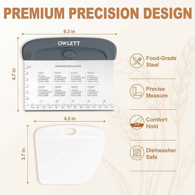 2 PCS Dough Scraper, Stainless Steel Bench Scraper with Dual Measuring Scale & Conversion Chart, Bowl Scraper Dough Cutter, Kitchen Scraper for Baking Pastry Bread Pizza Cake, Recessed Storage