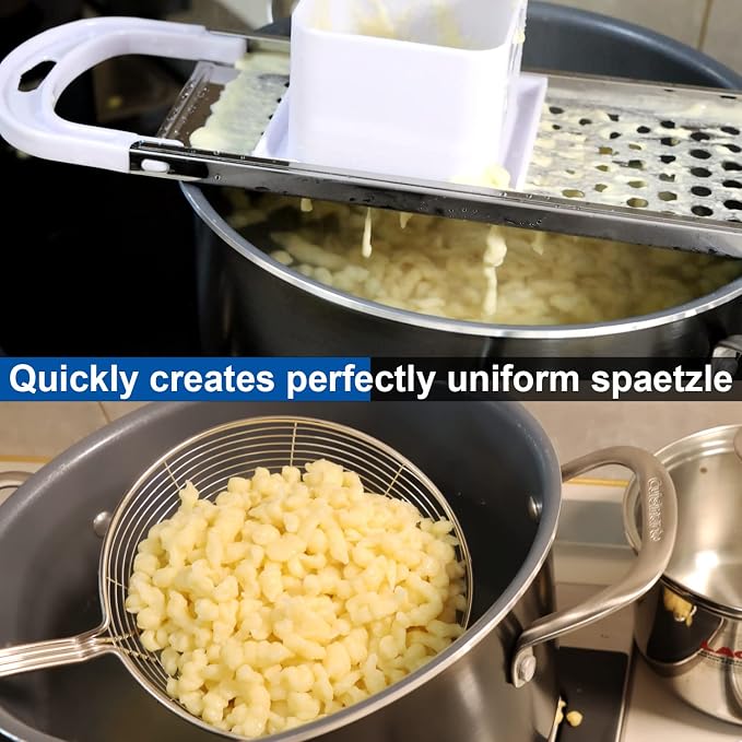 Premium Grade Stainless Steel Spaetzle Maker with Safety Pusher, Stainless Steel Spider Strainer Skimmer Spoon Pasta Strainer, Homemade Traditional German Egg Noodle Dumpling Making Tool Set
