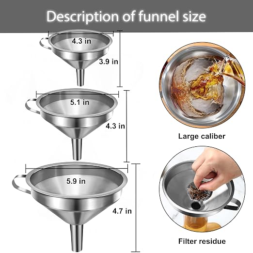 Stainless Steel Funnels for Kitchen Use, Kitchen Metal Funnel Set with Strainer Stainless Steel Funnels for Filling Bottles, Food Grade Funnel Set of 3 Transfer for Liquids Spices