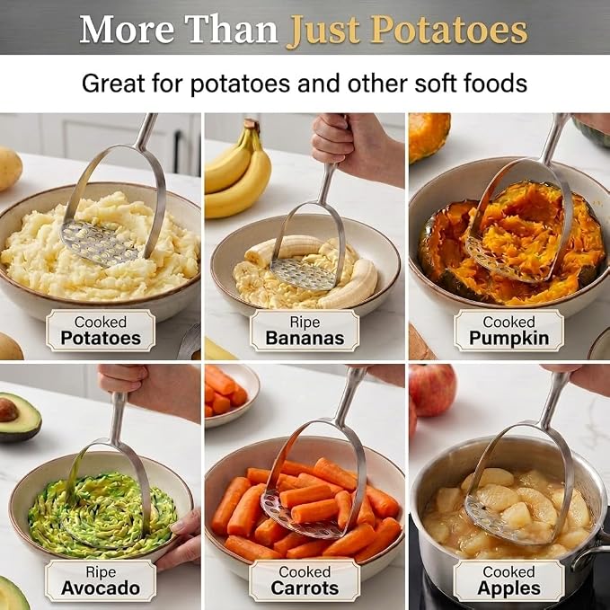 Potato Masher, Heavy Duty 304 Stainless Steel Potato Masher, One-Piece 37-Hole Plate for Smooth Mashing, Dishwasher Safe, Silicone Spatula Included