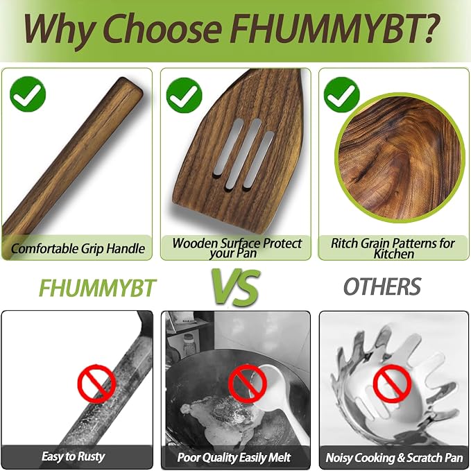 13.5" Wooden Slotted Spatula for Cooking, Walnut Wood Spatula, Wooden Cooking Spatula with Long Handle, Flat Wood Slotted Turner for Non Stick Cookware, Walnut Wooden Cooking Utensils