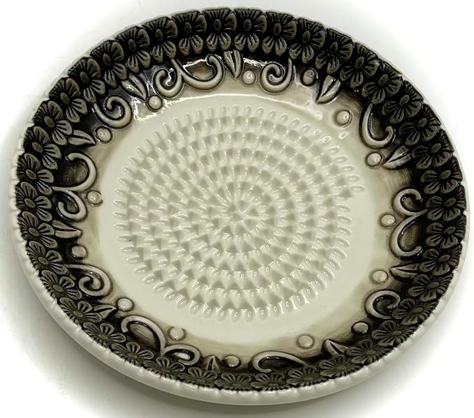BonCera, All-in-one Premium Ceramic Garlic Grater Plate 4-Piece Set - Black Embossed Design and Style - For Garlic, Ginger, Chocolate, and more! - Comes with 5.25" Plate, Peeler, Brush, and Stand