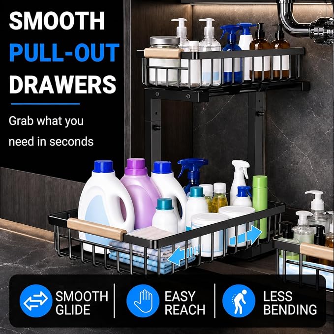 Under Sink Organizer 2 Pack, Double Slide Out Metal Shelf, Black | Pull Out Kitchen Storage Cabinet Organizer, 2-Tier Under Sink Storage Rack for Bathroom Laundry Kitchen Storage with Drawer