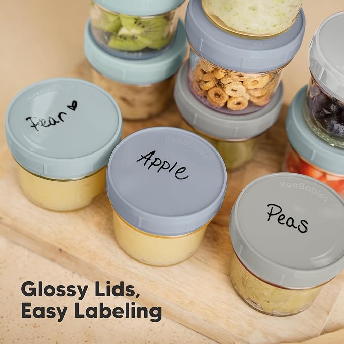 KeaBabies 6pk 4oz Glass Baby Food Containers with Lids, Leak-Proof (Slate) | Microwavable Small Glass Jars, Baby Purees, Toddler Snack Storage Containers, BPA-Free, Dishwasher-safe, Freezer Safe