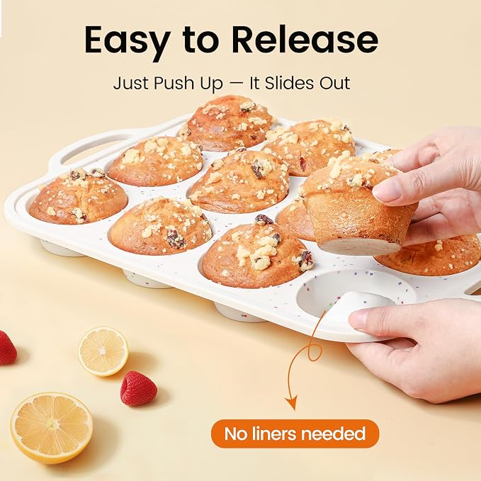 Silicone Muffin Pan with Metal Reinforced Frame - Muffin Pan for Homemade Muffins, Cupcakes, Muffin Cakes, and Bread, Oven and Dishwasher Safe (12 Cups×2pack)