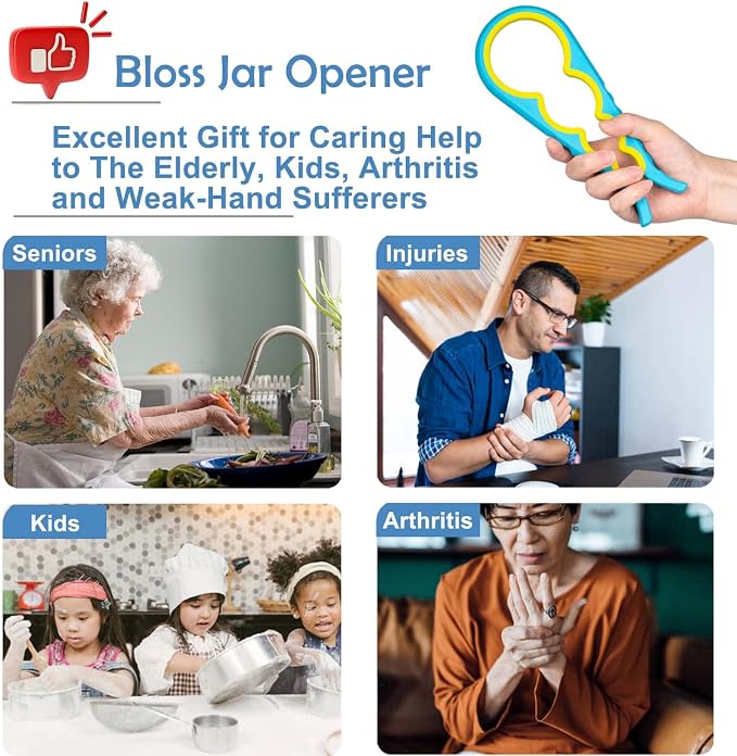 Bloss Jar Opener Bottle Opener for Seniors, Weak Hands and Arthritis, Blue | Anti-Slip Rubber Strip Inside,Eight Sizes of Circular Openings,Cap and Bottle Great Kitchen Gadgets,Useful Gifts for Elderly