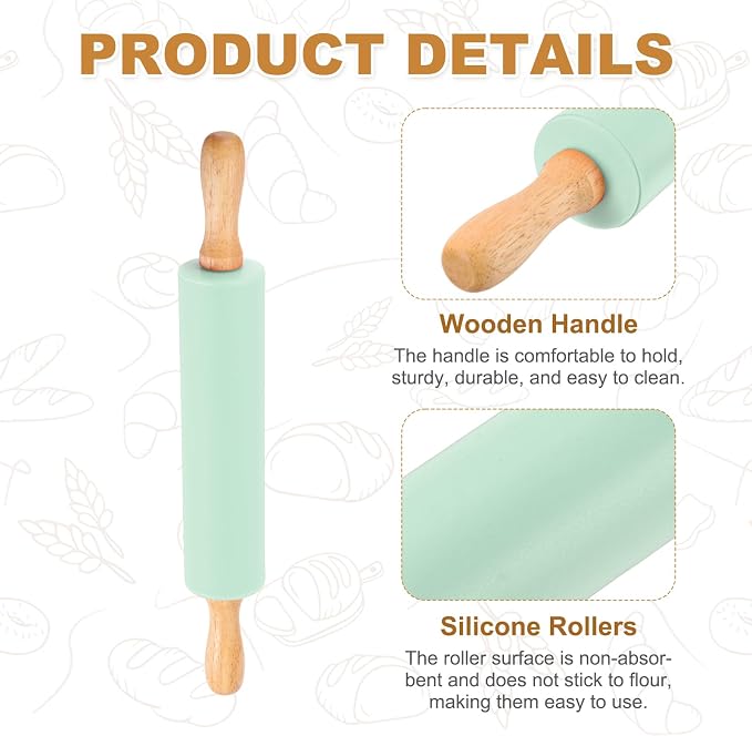 uxcell Rolling Pins for Baking, 12 Inch Silicone Non-Stick Rolling Pin Baking Roller Wooden Handle for Home Kitchen Dough Cookies Pastry, Light Green