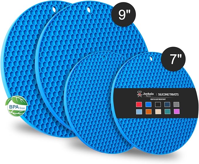 4 Pack Silicone Trivet for Hot Dishes | Heat Resistant Silicone Pot Holders for Kitchen Countertops, Hot Dishes, Jar Opener, Spoon Holder, Easy to Wash, True Blue