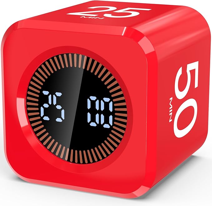Digital Pomodoro Timer Cube 5/10/25/50min, Visual Productivity Flip Timer for Kids Classroom Desk, Custom Countdown, Silent and Sound Mode for ADHD Study Work Game Kitchen (Red)