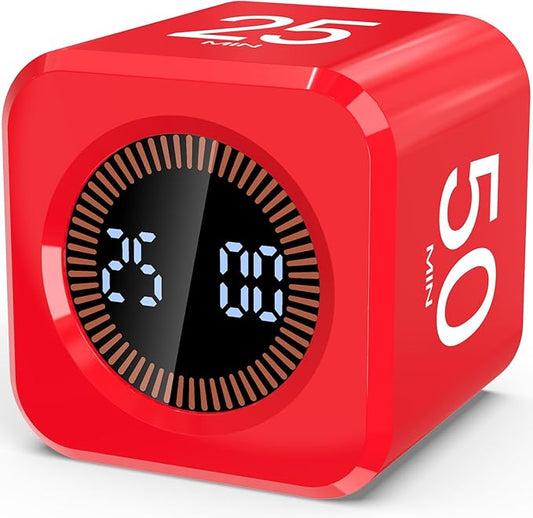 Digital Pomodoro Timer Cube 5/10/25/50min, Visual Productivity Flip Timer for Kids Classroom Desk, Custom Countdown, Silent and Sound Mode for ADHD Study Work Game Kitchen (Red)