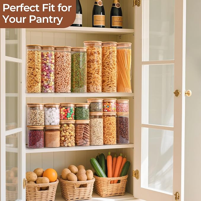ComSaf Glass Storage Containers wtih Lids 1.7 Qt, 3 Pack Glass Storage Jars | Glass Containers with Bamboo lids, Glass Canisters 54oz, Kitchen Cabinet Storage, Tea, Spice, Coffee, Dry Food, BPA Free