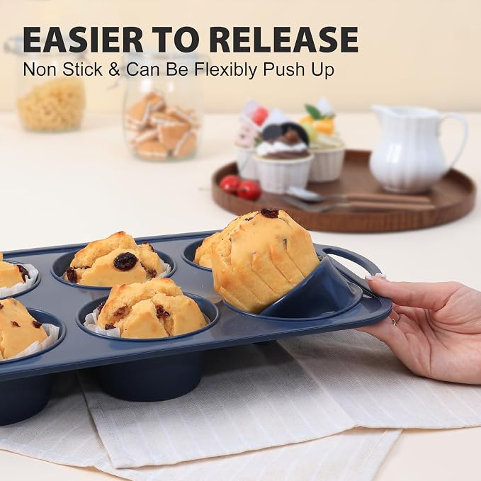 2 Pcs Jumbo Silicone Muffin Pan with Frame Nonstick Cupcake Tin Baking Mold | Silicone Cupcake Pan with Handles 6 Cup, BPA Free Silicon Muffin Tin Tray Extra Large for Baking Egg Bites Mold Vnray Grey