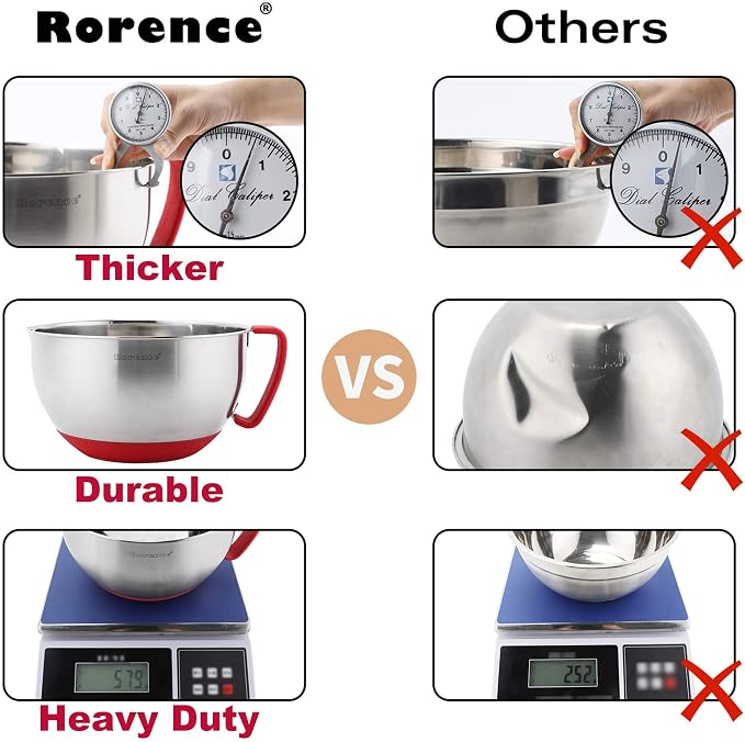 Rorence Stainless Steel Mixing Bowls: Metal Mixing Bowl Set with Lids and Handles Non-slip Silicone Bottom Nesting Bowls for Kitchen Set of 3 - Red