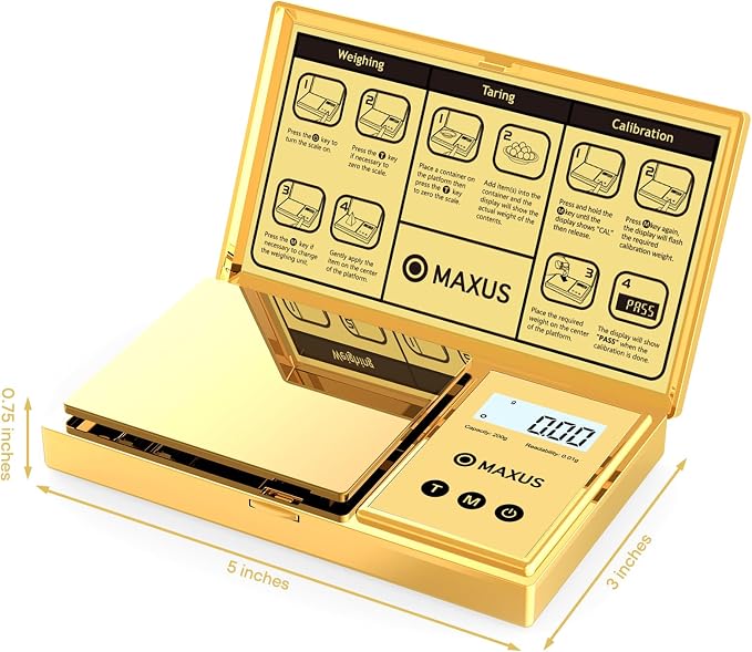 Digital Gram Scale 200g x 0.01g, Gold Pocket Scale for Jewelry, Food | Gold Plated Cover and Platform, Measures Grams and Ounces, Compact Scale for Grains, Gems, Coins and Small Items