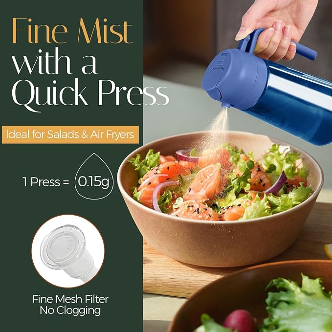 YARRAMATE 16oz/470ml Light-Blocking Dark Oil Sprayer for Cooking | 2 in1 Olive Oil Dispenser Bottle for Kitchen, Premium Blue Glass Oil Bottle, Food-Grade Oil Mister for Air Fryer (BlackNavy)