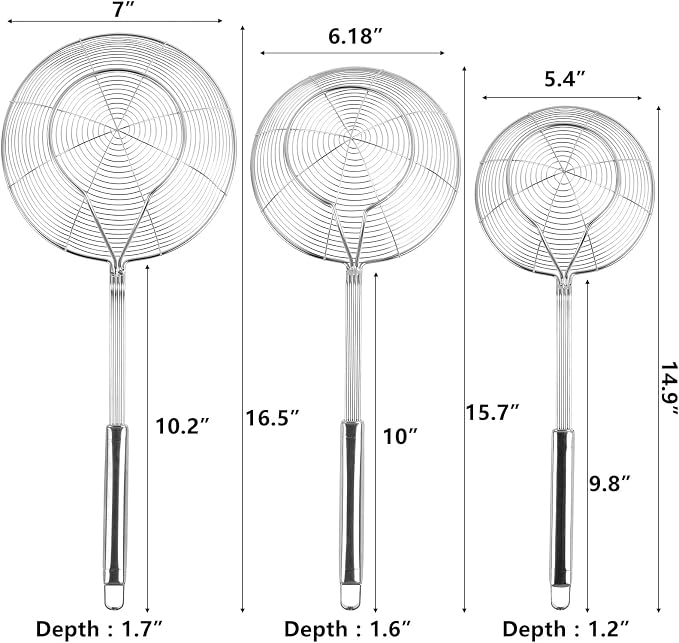 3Pcs Spider Strainer Skimmer, Stainless Steel Wire Strainer Ladle for Cooking and Frying, Kitchen Utensils Pasta Strainer Spoon, 5.4 Inch + 6.1 Inch + 7 Inch
