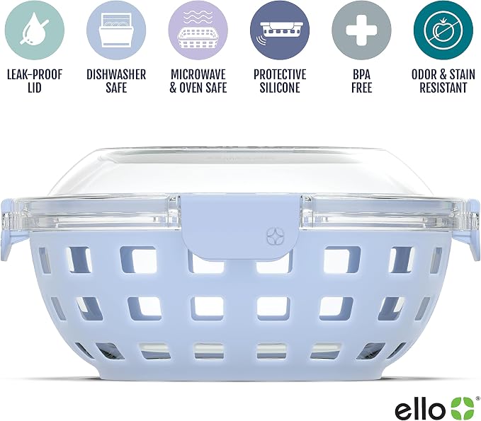 Ello DuraGlass Food Storage Glass Lunch Bowl Container - Meal Prep Container with Silicone Sleeve and Airtight Lid, 5 Cup, Blue | Leakproof glass meal prep salad bowl. BPA-free lid, silicone sleeves, great for meal prepping, food storage, and leftovers.