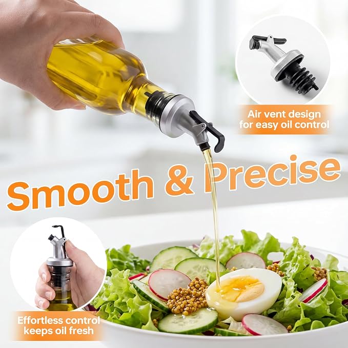 4 Pack 17 oz (500ml) Clear Glass Oil & Vinegar Dispenser Bottles, Leakproof Set with 4 Pour Spouts & 4 Labels, Kitchen Tools for Salad, BBQ, Air Fryer Cooking