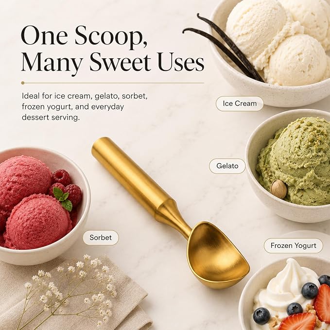 Heavy-Duty 304 Stainless Steel Ice Cream Scoop, 4.5 oz Cookies Scoop, Durable, Corrosion-Resistant & Dishwasher Safe with Ergonomic Grip for Perfect Scooping, Solid Design, Gold