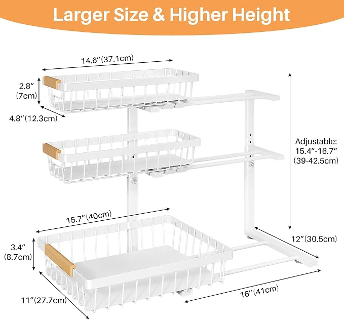 PXRACK Under Sink Organizer, 2-Pack 3-Tier Height Adjustable Thickened Metal Pull out Cabinet Organizer Shelf, Slide out Storage Drawer Rack for Bathroom Kitchen Pantry Home Organization, White
