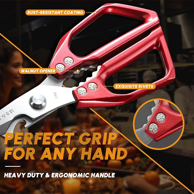 HUUSK Kitchen Scissors Set Red - Stainless Steel Kitchen Shears, Sharp Meat Scissors Dishwasher Safe, Heavy Duty Poultry Shears All Purpose, Japanese Cooking Scissor for Food,Christmas Gifts for Women