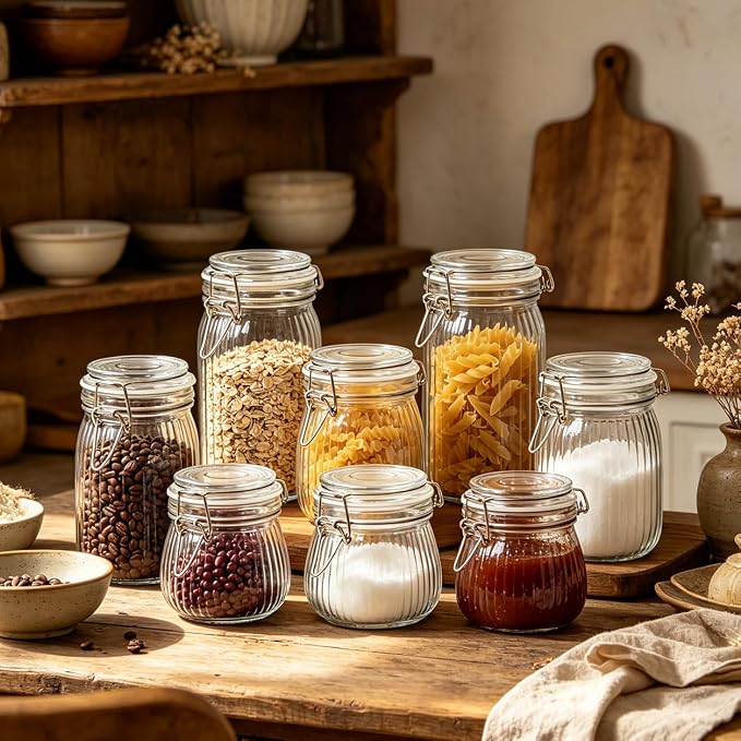 ComSaf Large Ribbed Glass Jars with Airtight Lids 51 oz 3 Pack Wide Mouth | Flour sugar coffee beans, Fermenting pickling, Farmhouse pantry decor, Countertop decor, Large capacity, Vintage Canisters