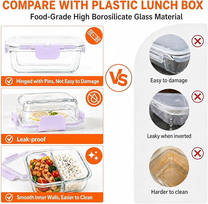 3 Pack Bariatric Meal Prep Containers, 8oz Glass Snack Containers | Glass Bariatric Portion Control Containers with Two 4 oz Compartments, Reusable Lunch Box Bento Box with Lids,Purple