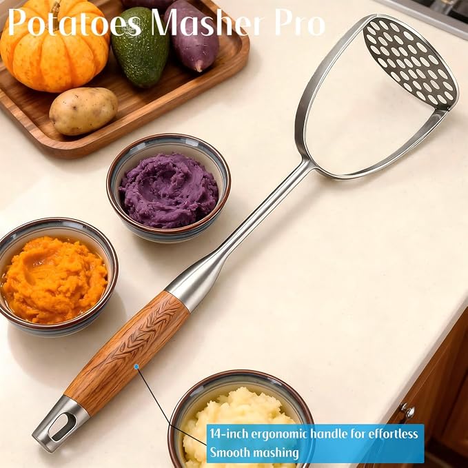 Potato Masher Stainless Steel, 14 Inch Potato Smasher - Kitchen Essential for Mashed Potatoes, Pumpkin, Carrots, Avocado & Fruits, Heavy Duty Metal Mashing Utensil (Wooden handle Masher)