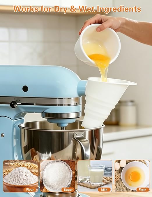 Foldable Silicone Flour Funnel for KitchenAid Mixer 4.5-5Qt Tilt Head | Thick Food-Grade Silicone, Extended Spout, Heat Resistant, No Spill Design, Collapsible, Dishwasher Safe Baking Accessory