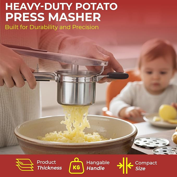 Large Potato Ricer – 304 Stainless Steel Masher & Press with 3 Discs, Reinforced 0.7mm Thick Cup, Ergonomic Silicone Grip, for Smooth & Fluffy Mashed Potatoes