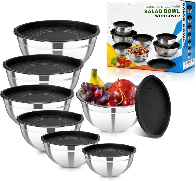 Stainless Steel Mixing Bowls with Lids, 7-Piece Nesting Bowl Set | 0.7,1.1, 1.5, 2.1, 3.5, 4, 4.5 QT stackable stainless steel mixing bowls for baking, food prep, serving and storage