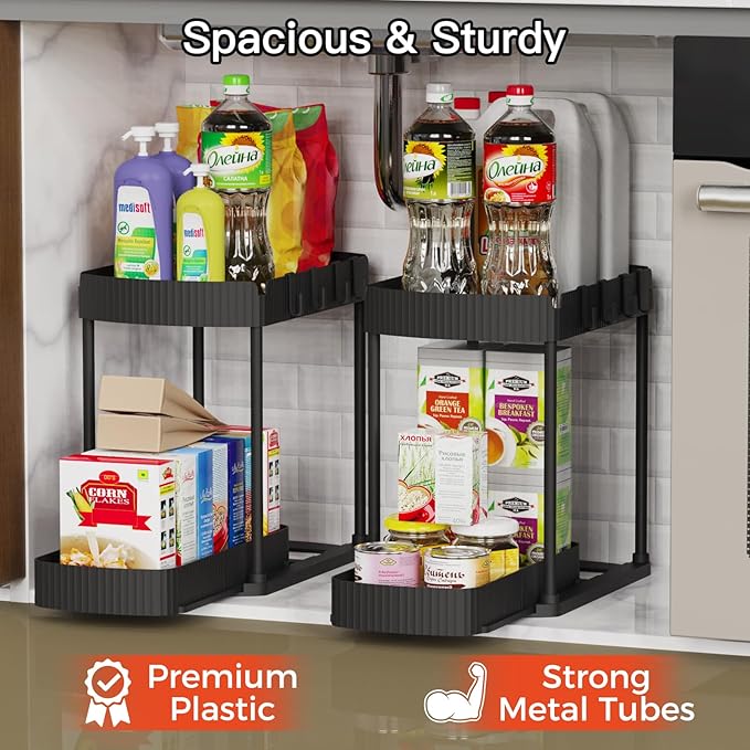 2 Packs Under Sink Pull-Out Storage Organizers, 14.8 Inches, Black | Multi-Purpose Cabinet Organizers and Storage for Bathroom & Kitchen
