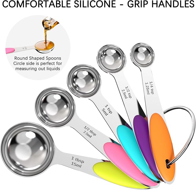 Nesting Measuring Cups and Spoons Set, Stainless Steel with Soft Silicone Handle – Heavy Duty & Dishwasher Safe for Measuring Dry/Liquid Ingredients, Ideal for Cooking & Baking (10)