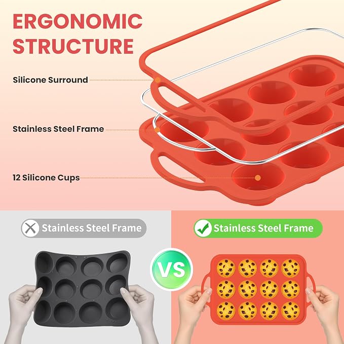 2Pack Silicone Muffin Pan for Baking - Cupcake Pans with Metal Frame