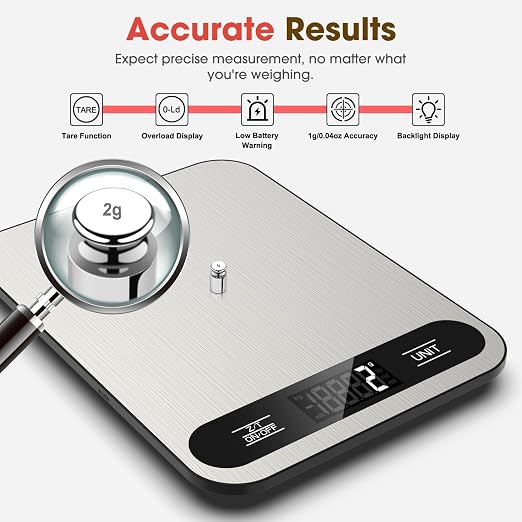 Mik-Nana Food Scale, 22lb Digital Kitchen Scale with 6 Units Tare Function | LCD Display, Stainless Steel Weight Grams and Ounces for Baking, Cooking and Meal Prep (Batteries Included)
