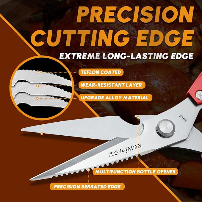 Kitchen Scissors Set Red - Japanese Kitchen Shears, Heavy Duty Poultry Shears, Sharp Meat Scissors for Food, Chicken Bones, and Turkey, Gifts for Women Men