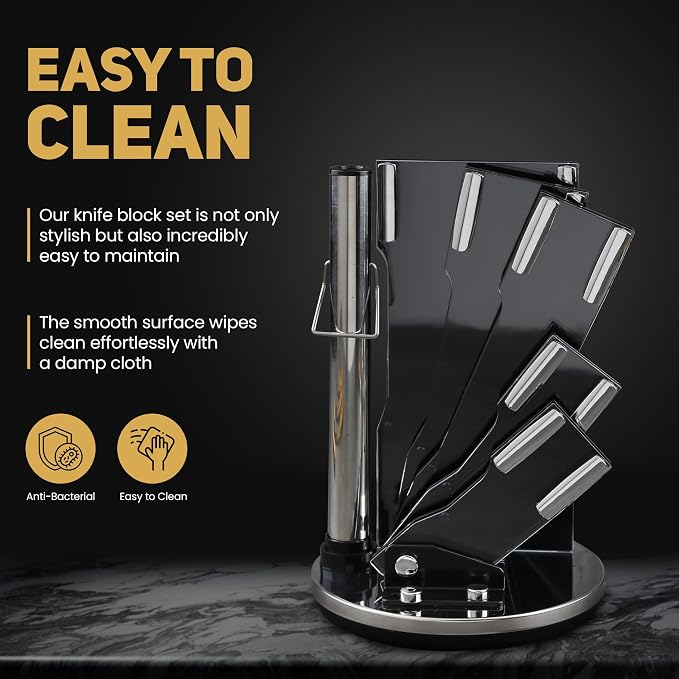 Luxury Silver & Gold Kitchen Knife Set with Block & Rod Sharpener – 8-Piece Titanium-Coated Stainless Steel Knives Set, Super Sharp Cutlery Tools, Stylish Knives Set for Kitchen