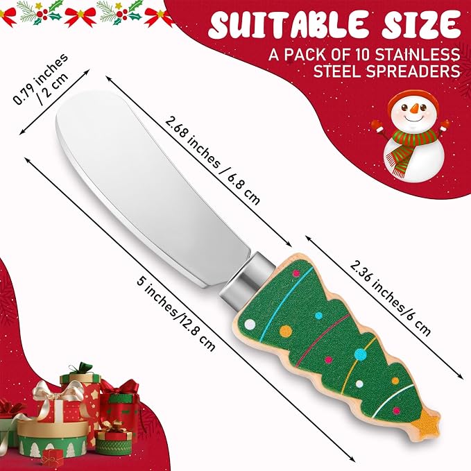 Sieral 10 Pcs Christmas Cheese and Butter Spreader Knives Butter Spreader Knives Multipurpose Christmas Decor with Hand Painted Wooden Handle Stainless Steel Blade