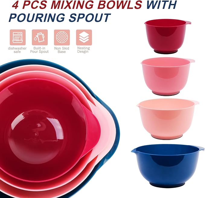 BoxedHome Classic Mixing Bowls Set of 4, BPA Free Plastic, Microwave Safe | 4.5, 3.5, 2.5 and 1.7 Quarts, Non-slip Base Large Non-toxic Nesting Bowl with Pour Spout, Dishwasher Safe, for Prep, Cooking