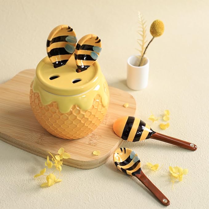 Ceramic Bee and HoneyComb Measuring Spoons Set for Dry or Liquid with Measuring Cup Set, 4 PCS Kitchen Measuring Baking Spoons Cooking Measuring Spoons for Kitchen Baking Tool Utensil Set