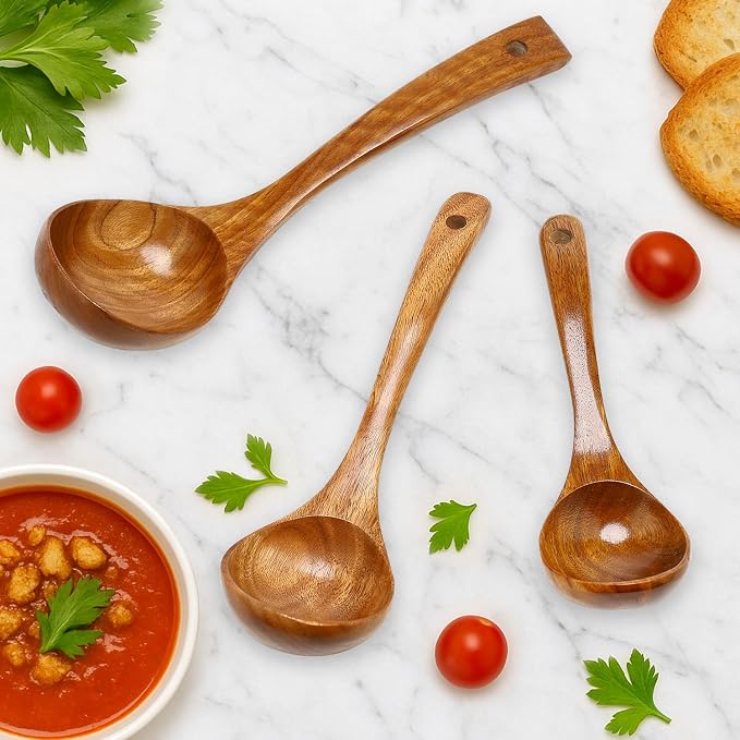 3 Pack Wooden Ladles for Serving Spoon Soup Ladle Wood Spoons for Cooking Ladel Large Spoon Kitchen Tools Ladles Big Spaghetti Spoon Laddle Non Toxic Soup Spoons Teak deep Ladle